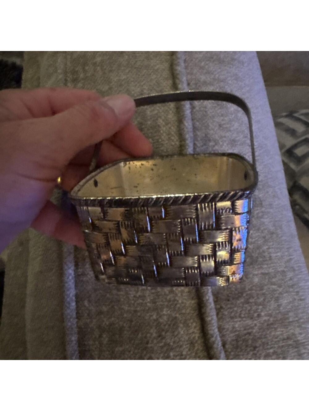 Silverplate Mini Woven Metal Basket w/ Handle Heavy